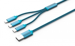 Кабел за данни, LDNIO LC85, 3 в 1, 2 x Micro USB + Lightning (iPhone 5/6/7/SE), 1.2m, С оплетка, Син, Червен - 14386