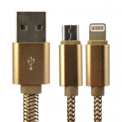 Кабел за данни, LDNIO LC86, 2 в 1, Micro USB + Lightning (iPhone 5/6/7/SE), 1.0m, С оплетка, Сребрист, Златист - 14388