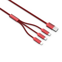 Кабел за данни, LDNIO LC85, 3 в 1, 2 x Micro USB + Lightning (iPhone 5/6/7/SE), 1.2m, С оплетка, Син, Червен - 14386