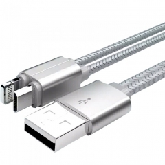 Кабел за данни, LDNIO LC86, 2 в 1, Micro USB + Lightning (iPhone 5/6/7/SE), 1.0m, С оплетка, Сребрист, Златист - 14388